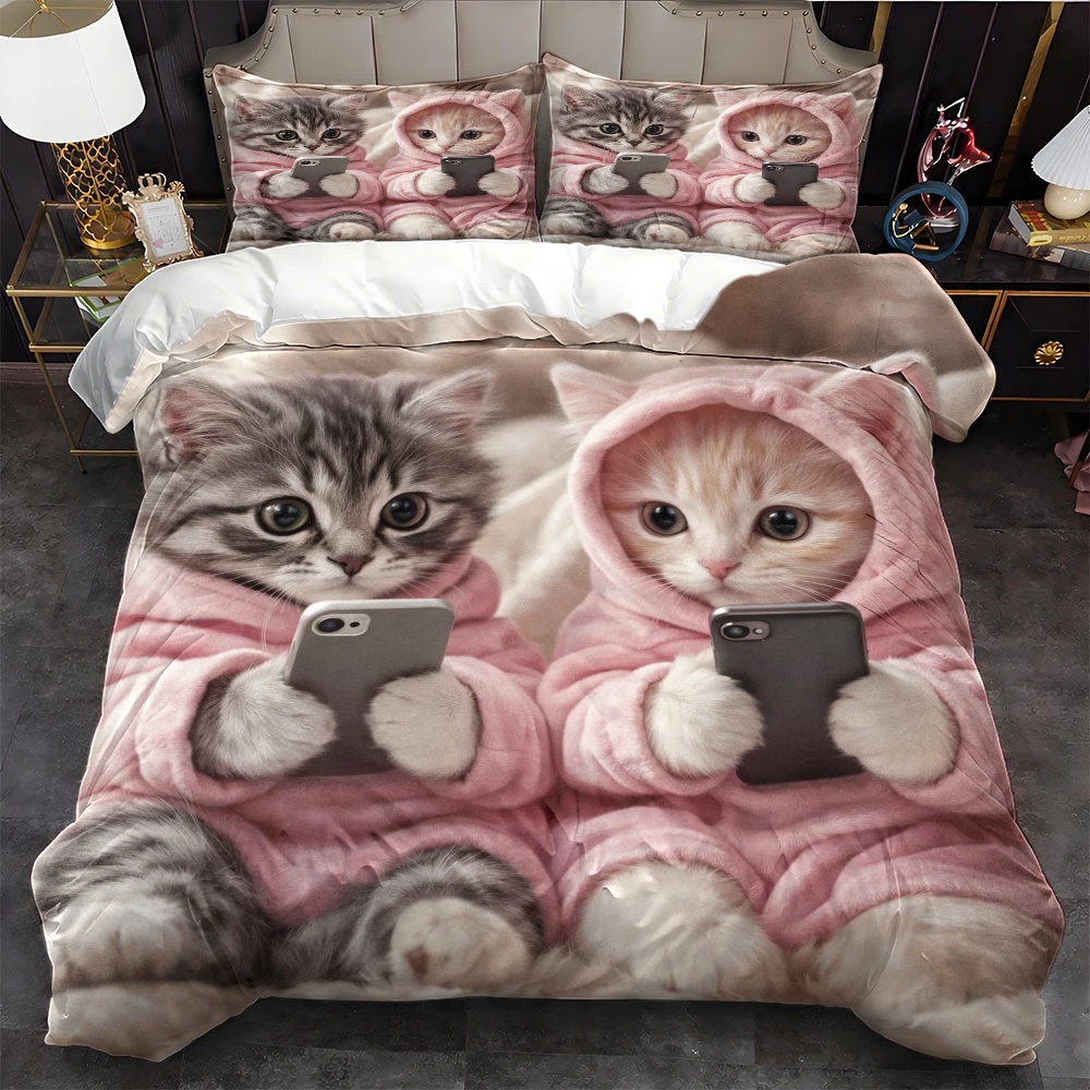 Duvet Cover Sets With Zipper - 3Pc Cute Cat Playing with Phone
