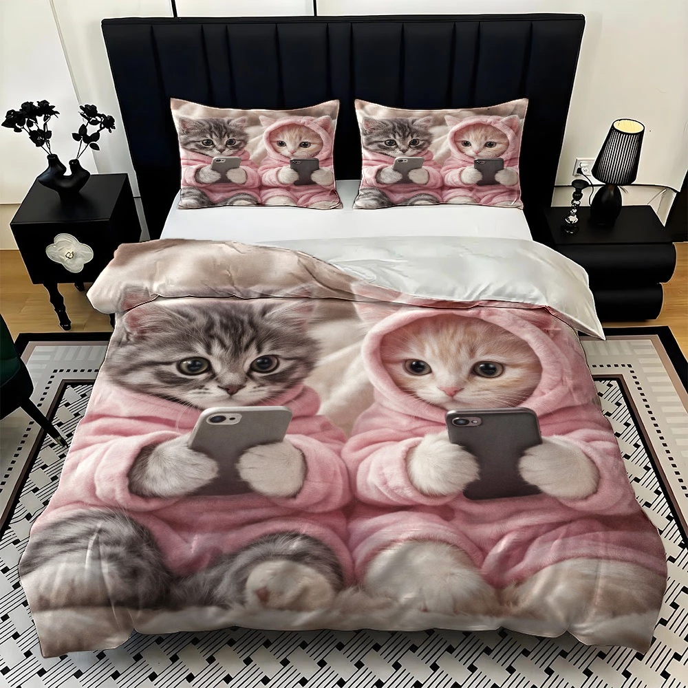 3Pc Cute Cat Playing with Phon - Duvet Cover Sets With Zipper review and price