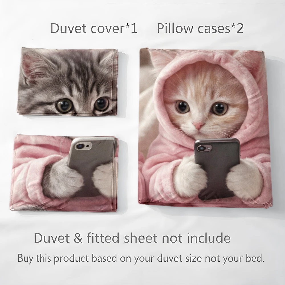 3Pc Cute Cat Playing with Phon - Duvet Cover Sets With Zipper review and price