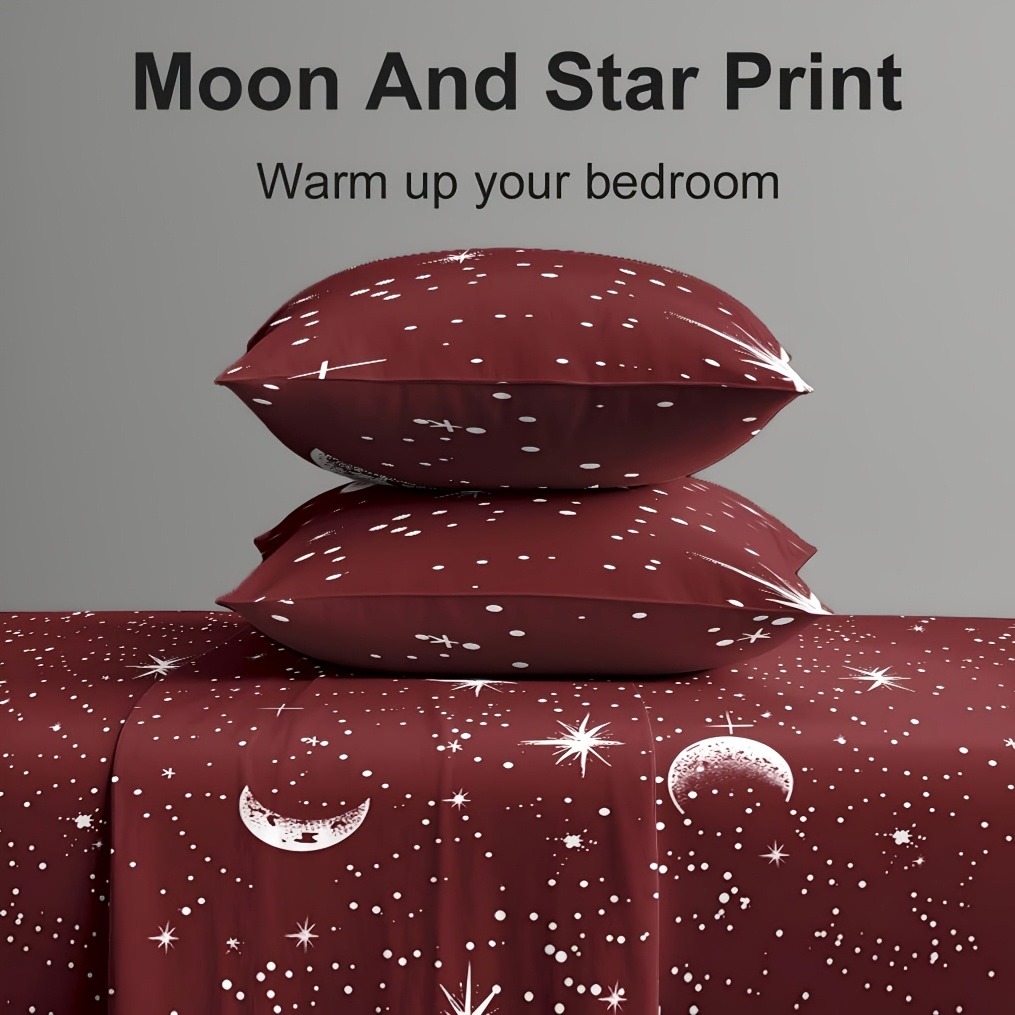 4Pcs Red Moon And Star Print M - Fitted Bed Sheets Deep Pocket review and price